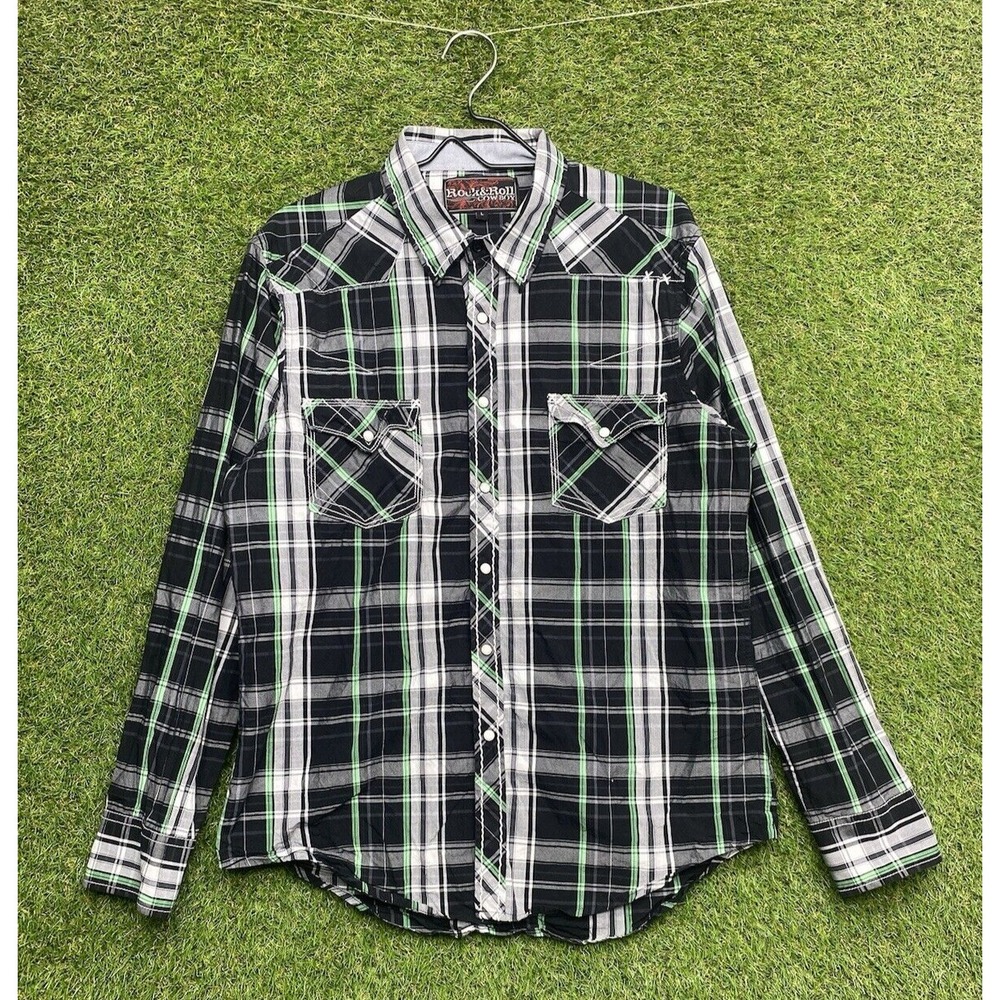 Rock & Roll Denim Shirt Mens Large Plaid Southwest Western Snap Button Retro